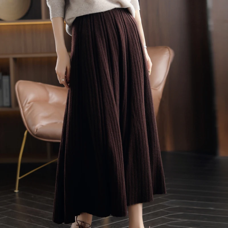 2024New Pure Cashmere A-Line Skirt Women Autumn Knit Pleated Long Skirt 100%Wool Large Size High Waist Korean Bag Hip Base Skirt