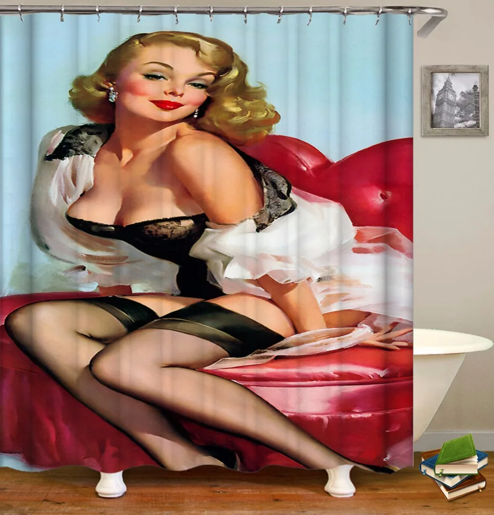 High Quality 3D Print Pin Up Girl Shower Curtain Waterproof Bathroom Polyester Fabric Bathroom Curtain Customized