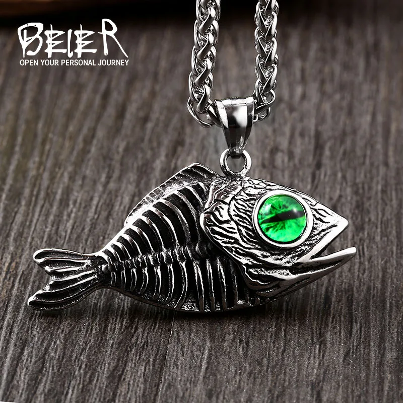 Beier 316L stainless steel Unique 3D Design Fish Bones Green Evil Eyes Men\'s Pendant Punk Animals High Quality Jewelry LLLHP093P