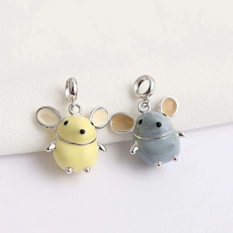 DINGLLY 2pcs 2020 Enamel Mouse Pendant Big Ears Mouse Zodiac Rat Charms Fit Brands Bracelet Bangle Animal Necklace Kids Jewelry