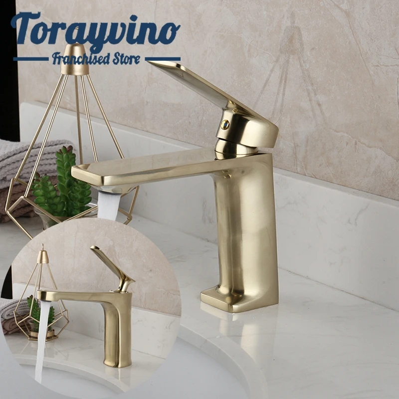 

Torayvino Faucet Deck Mounted Bath Shower Mixer Brass Single Handle Faucets Hot & Cold Water Spray Taps Golden Bathroom Faucet