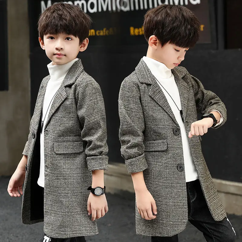 

5-16T Boy Teens Fashion Spring Autumn Coat 2021 New Solid Long Turn Collar Single-Breasted Jacket 120-170 High Quality