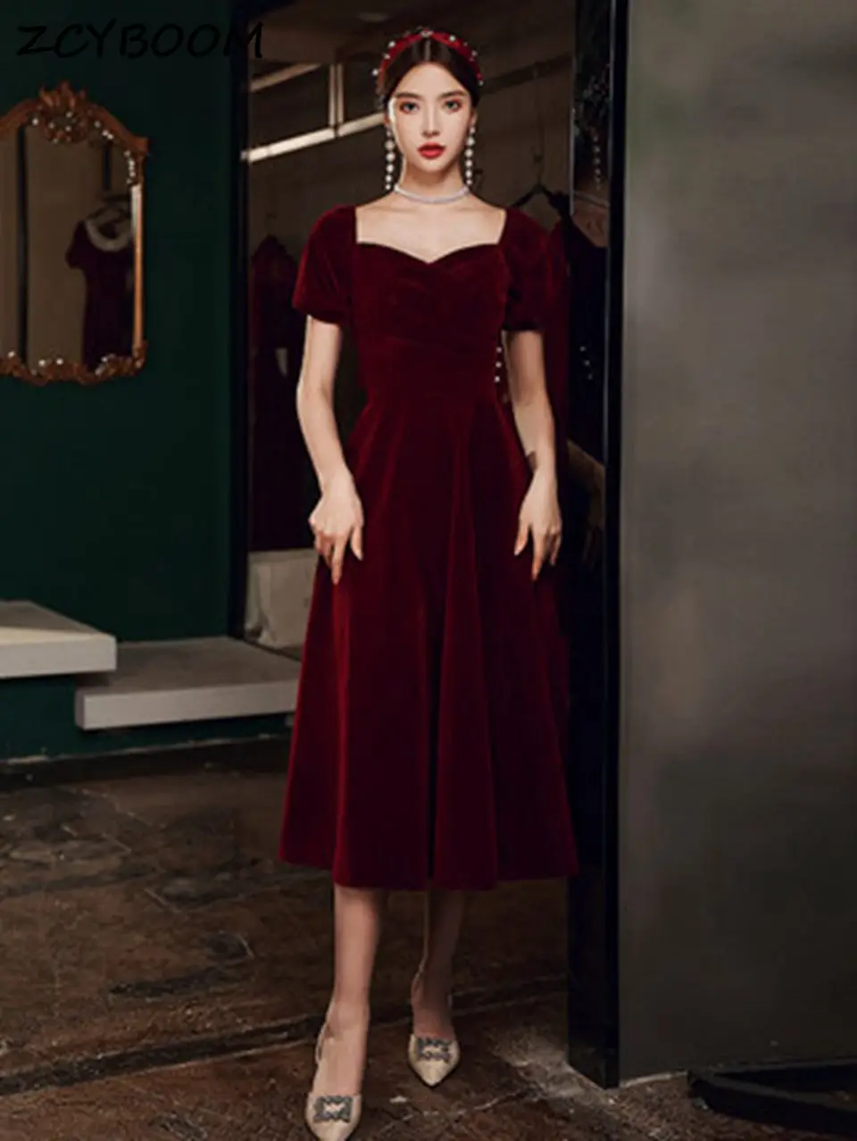 

Burgundy A-Line Evening Dresses 2023 Women Formal Party Night Vestido De Gala Elegant Short Sleeves Velvet Graduation Prom Gowns