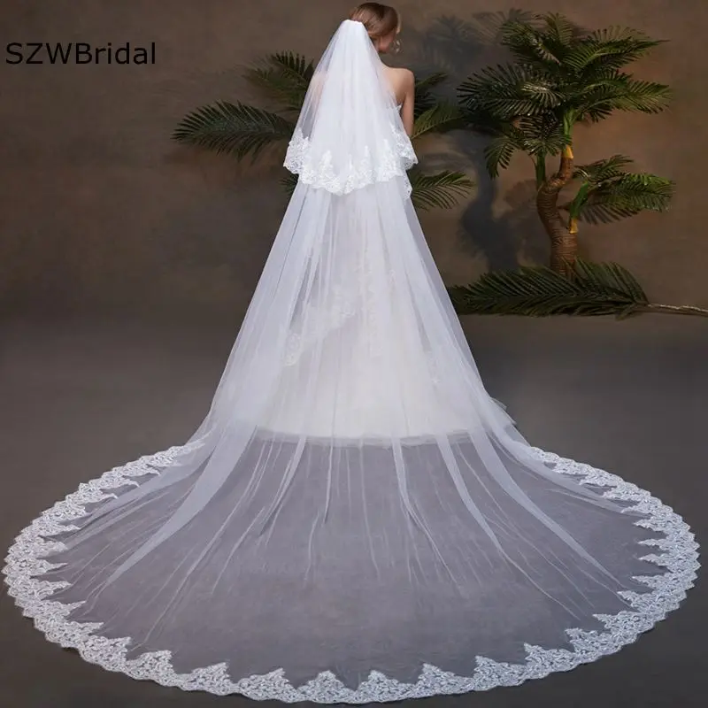 New Arrival White Ivory Long bridal veil mariage Novia Bridal accessories Two Layers Lace edge Wedding Veils bridal headwear