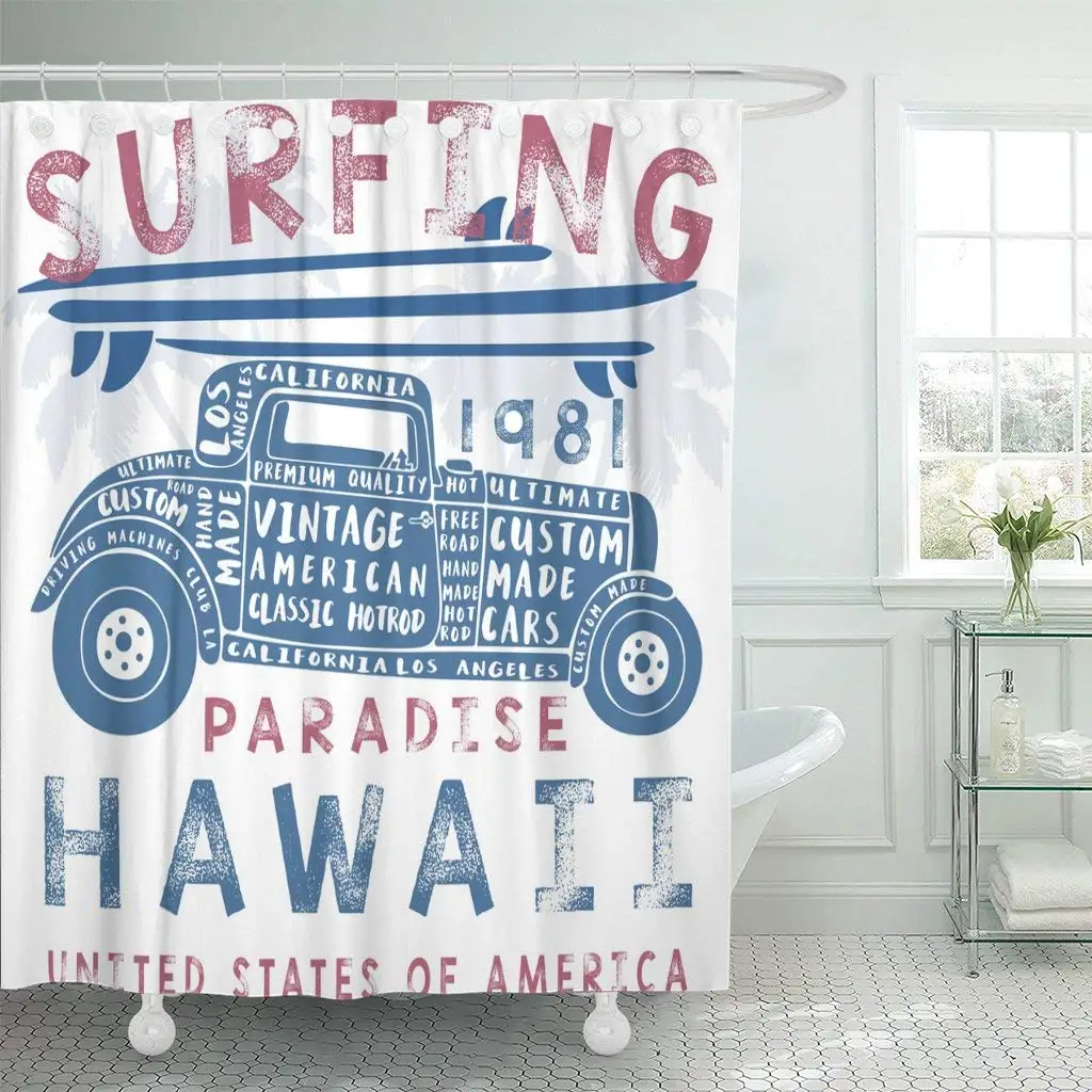 Classic Vintage Surf Car America Beach Cool Graphic Hawaii Bathroom Shower Curtain