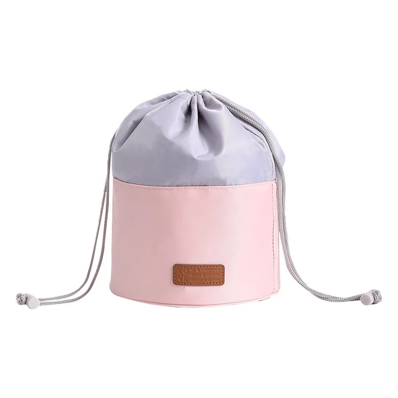 Waterproof Polyester Cylindrical Drawstring Cosmetic Makeup Bag Portable Large Capacity Lazy Travel Storage Wash Organizer Bag