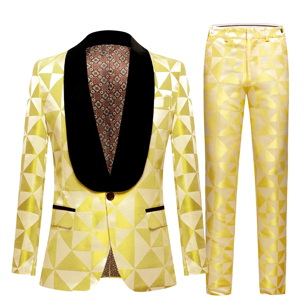 New Man Fashion Yellow Triangle Jacquard Eye-catching High Quality Party Blazer+Pants Black Lapel Suits Male Casual Slim 2PCS