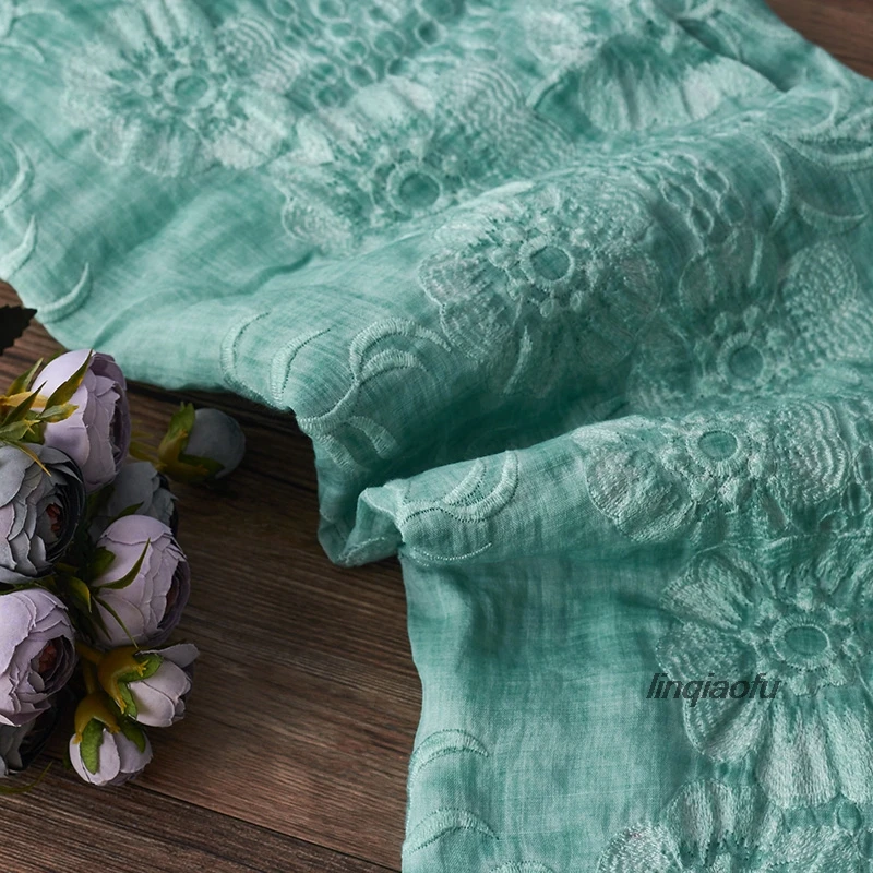 Summer thin green embroidered dress robe clothing cotton and linen fabric  High-end linen fabric