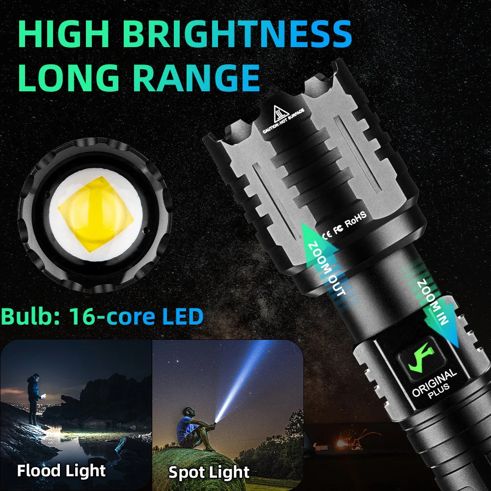 Powerful XHP160 LED Flashlights IPX-6 Waterproof Tactical Flash Light USB Rechargeable Zoomable Camping Torch