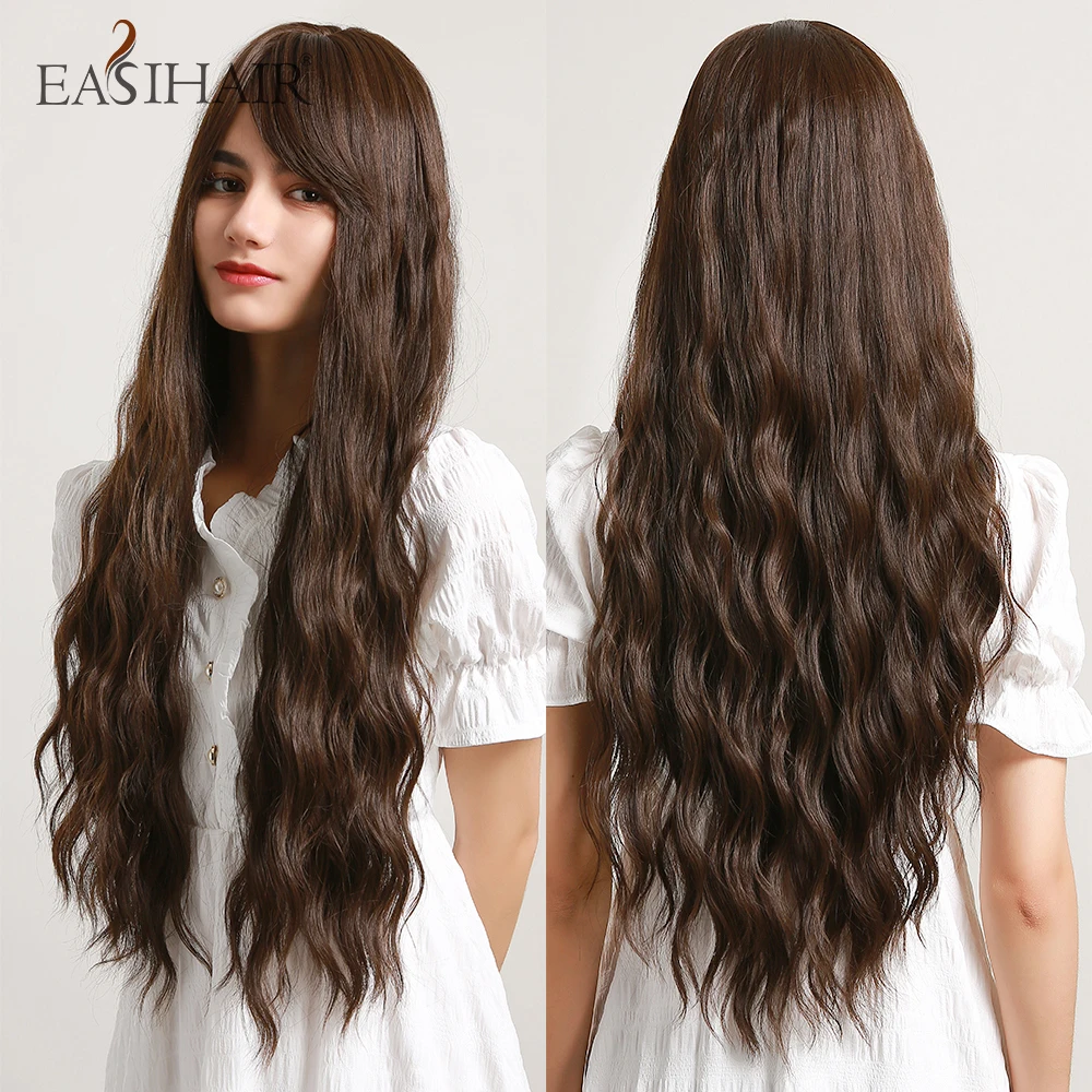 EASIHAIR Long Dark Brown Water Wave Synthetic Wigs for Women Natural Hair Wigs with Said Bangs Daily Wigs Heat Resistant Cosplay