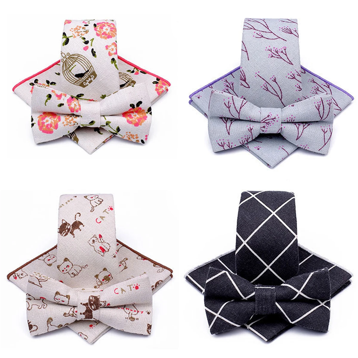 

GUSLESON Cotton Linen 6cm Tie Set For Men Printing Necktie Handkerchief and Bow Tie Set for Wedding Business Party Formal Gift