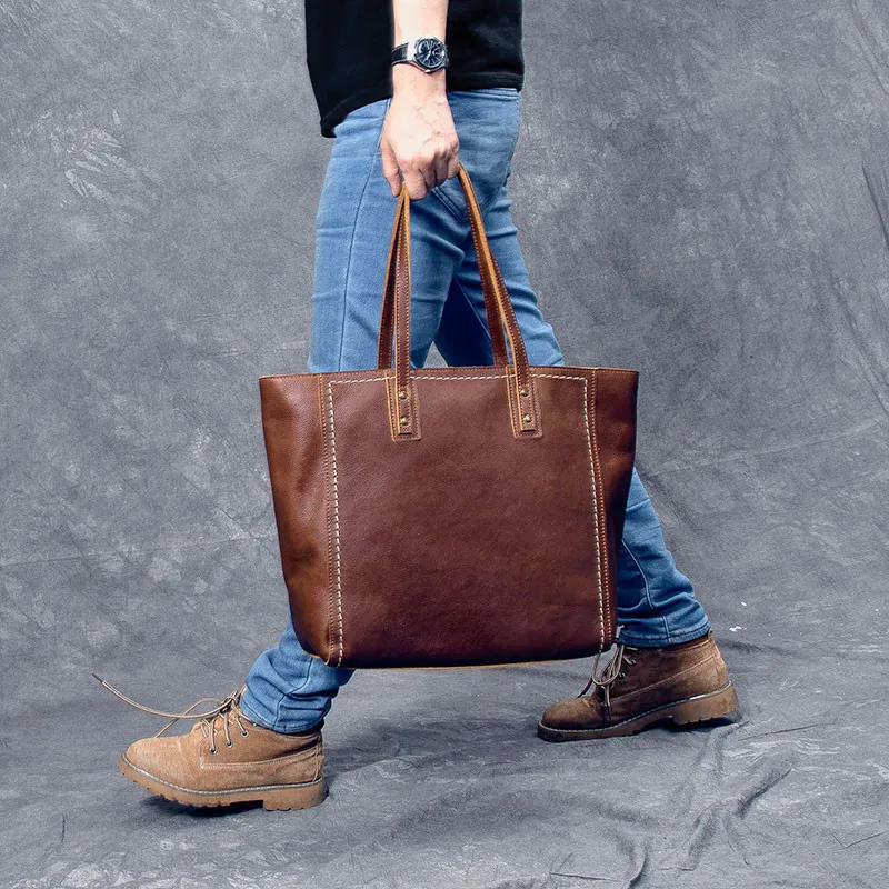 PNDME fashion vintage high quality genuine leather men\'s tote bag cowhide large capacity handbag luxury big laptop shoulder bag