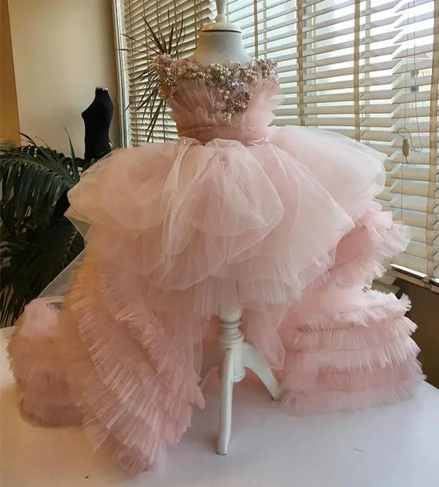 Luxury Pink Pearls Flower Girl Dresses For Wedding High Low Ruffles Beaded Applique Baby Birthday Dress Girls Pageant Ball Gowns