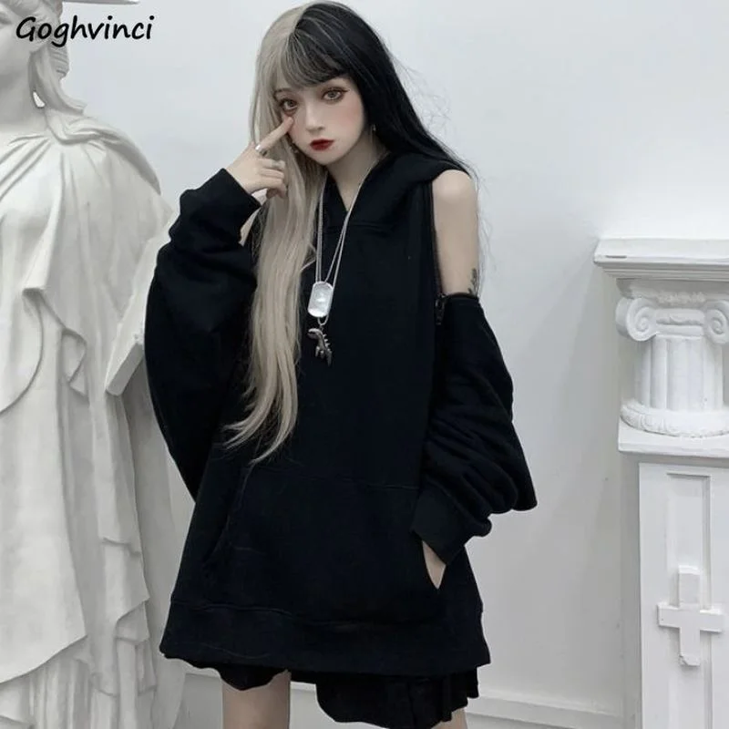 

Hoodies Women Loose Autumn Simple Fashion Design Solid High Street Feminine BF Style Hooded Off Shoulder Chic Pockets Mujer Cozy