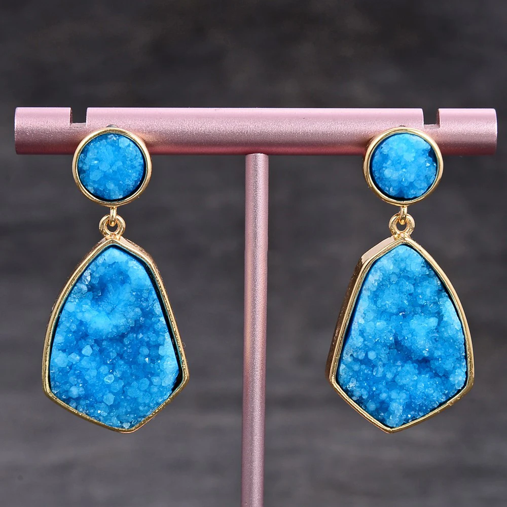 

Blue Quartz Druzy Crystal Agate Gold Plated Dangle Stud Earrings