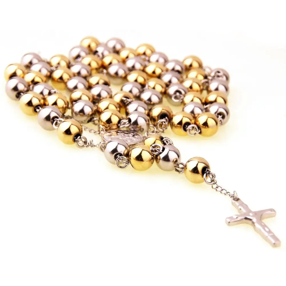 10mm Golden & Silver Color Stainless Steel Beads Rosaries Metal Rosary Round Beads Necklace Catholicism Prayer Religious Jewelry