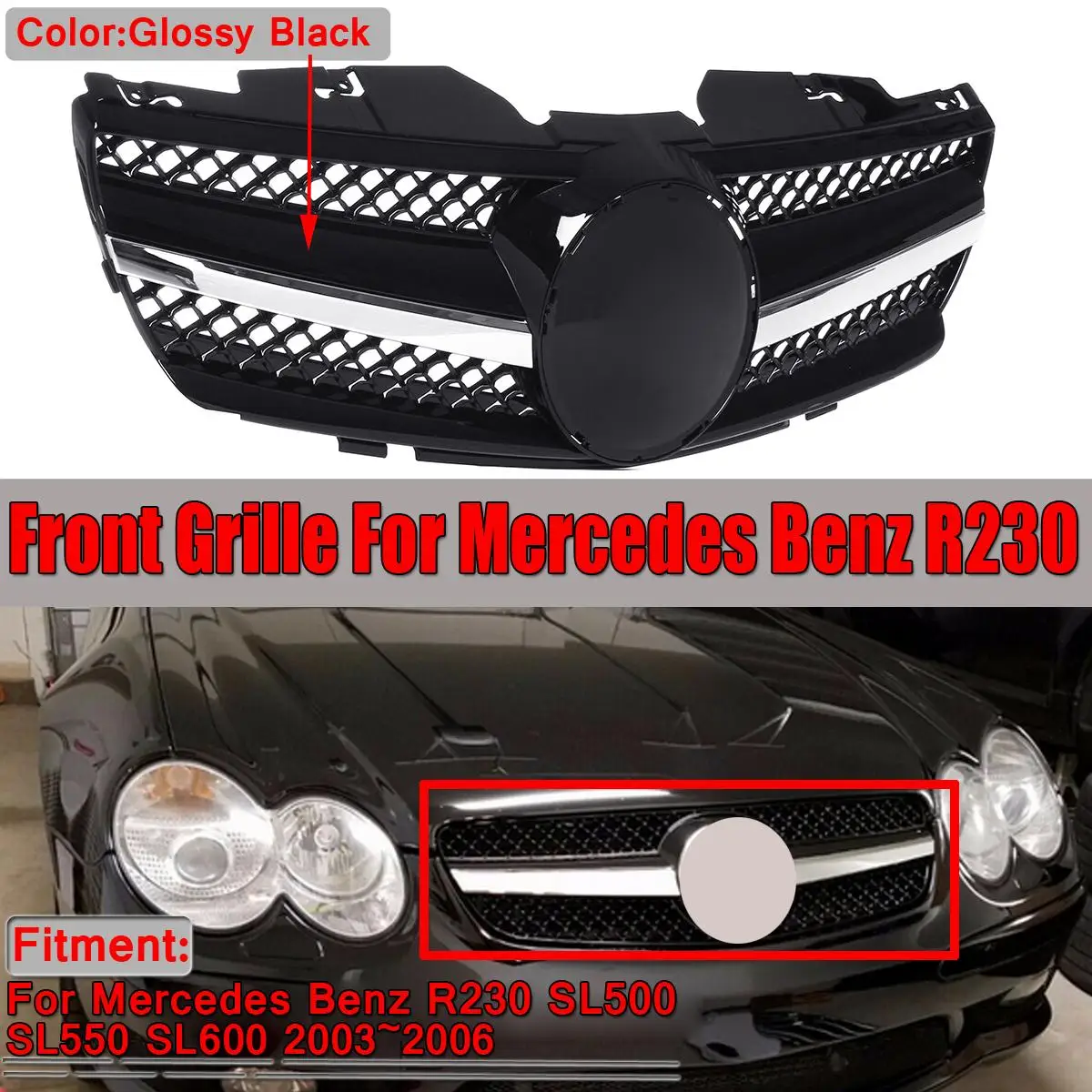 RMAUTO Car Front Grill Grille Racing Grills Chrome for Mercedes Benz SL Class R230 SL500 SL550 SL600 2003-2006 Body Styling Kit