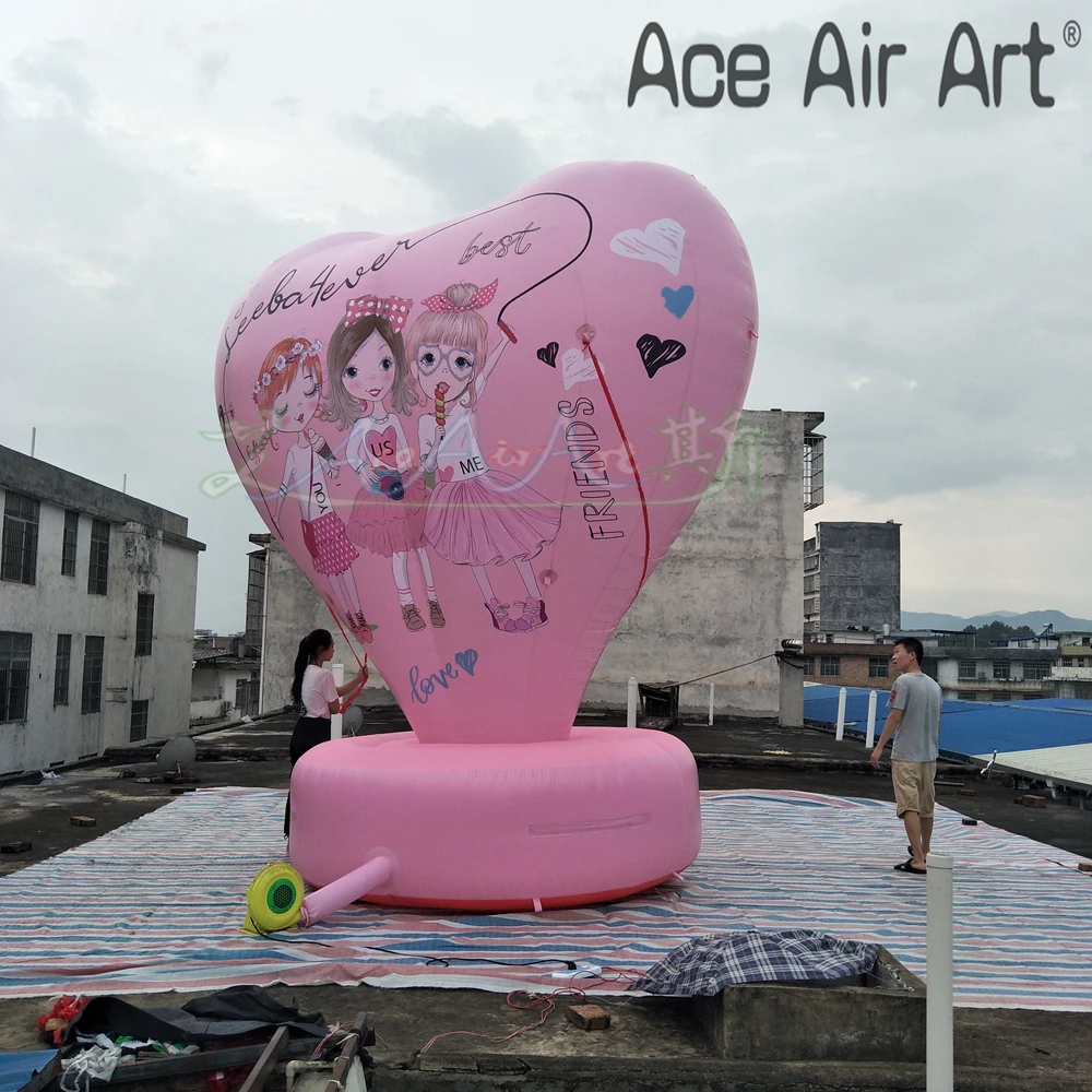 4m High Full Jet Painting Valentine's Day Inflatable Cartoon Girl with Base Heart Decoration for Sale