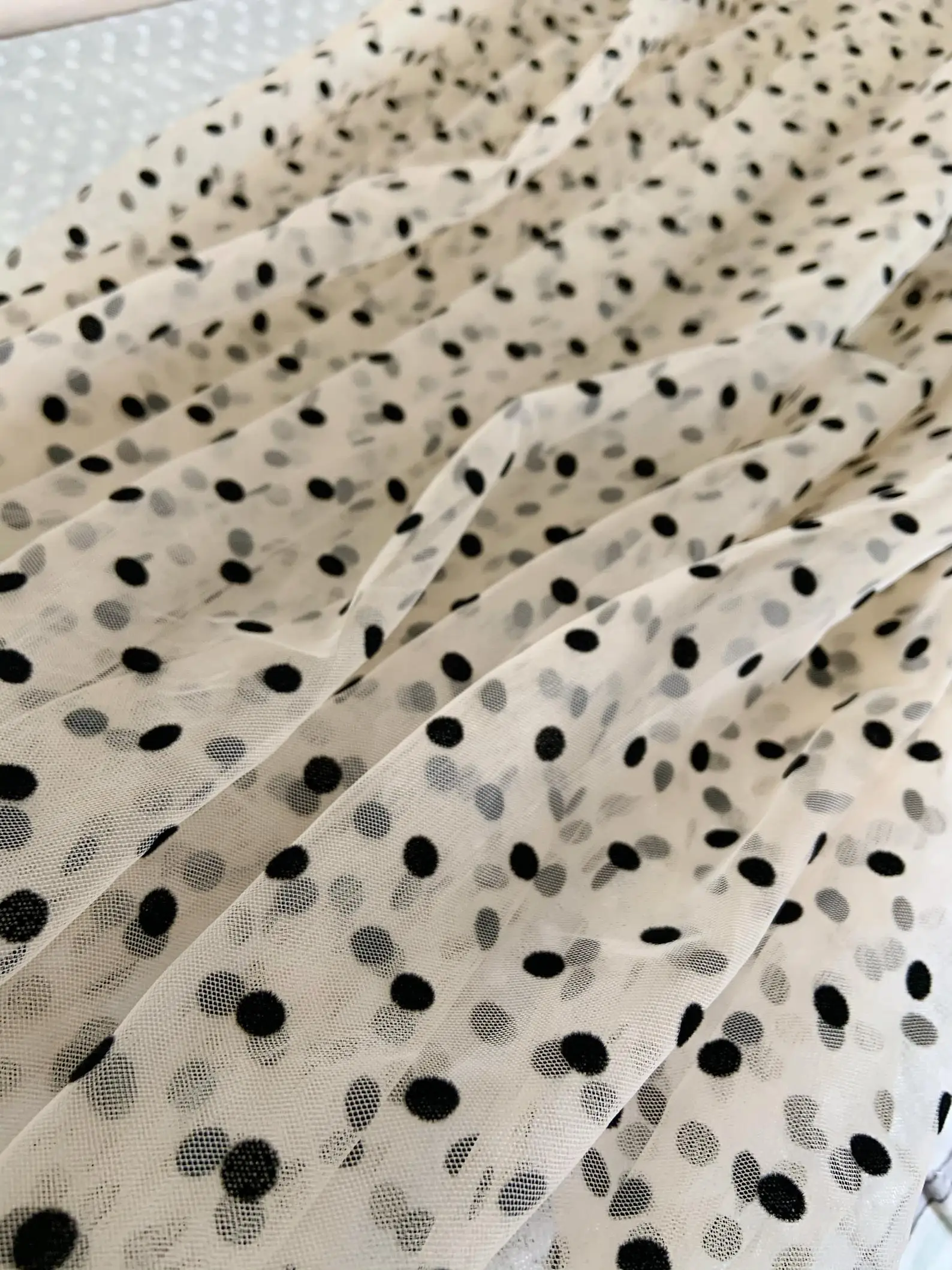 Ivory Cream Tulle Lace Fabric With Black Velvet Polka Dots