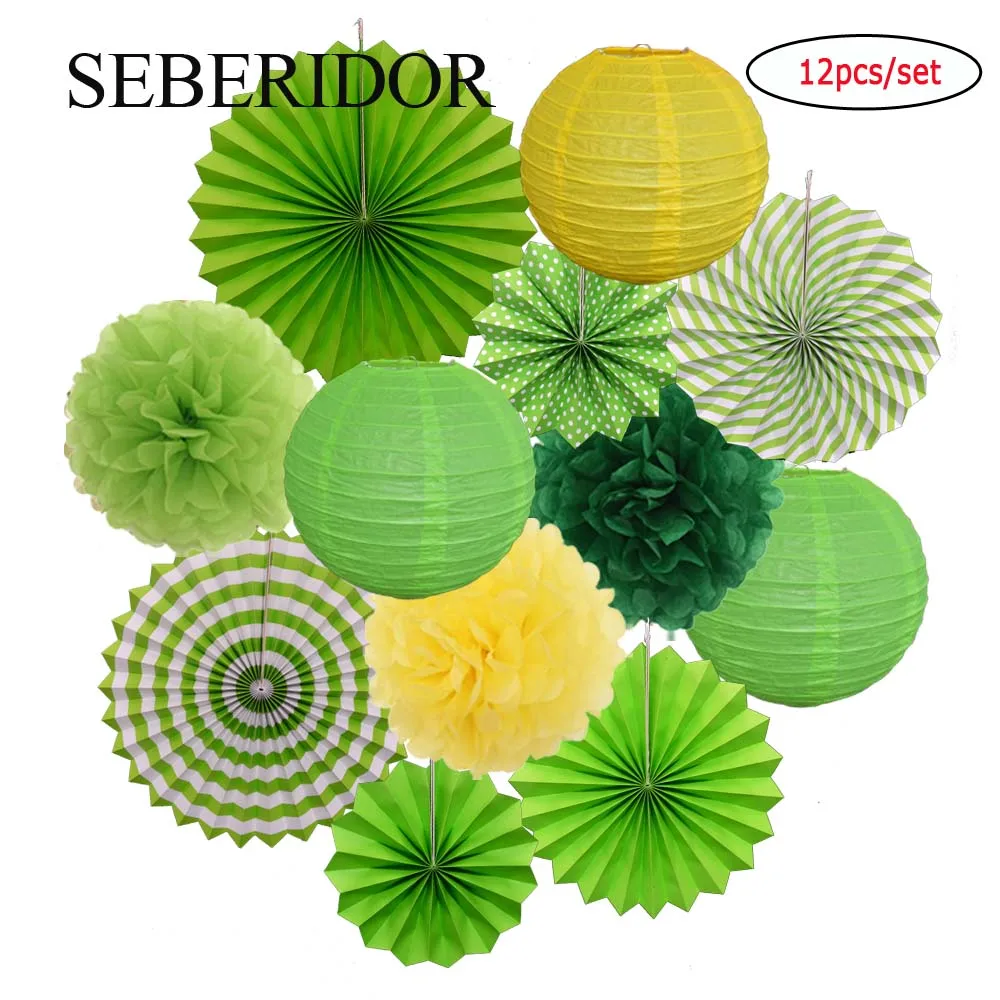 

Green Set Summer Jungle Party Favor DIY 8" 12" 16" Mixed Hanging Paper Fan Baby Boy Girl Baptism Wedding Tissue Flowers Pink