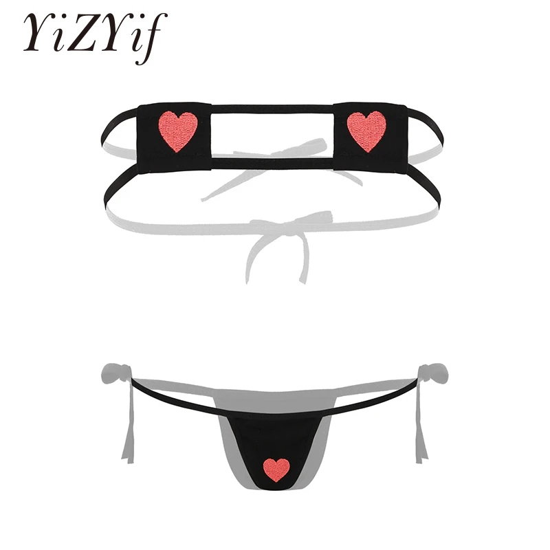 

Womens Lingerie Mini Bikini Set Striped/Heart embroidered Cute Kawaii Anime Cosplay Self Tie Square Bra Top with Briefs Bottoms