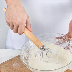13 Inch Oak Handle Milk Baking Flour Mixer Flour Mixer Danish Dough Mixing Rod Stainless Steel Coil Hand Blender Cooking Tool