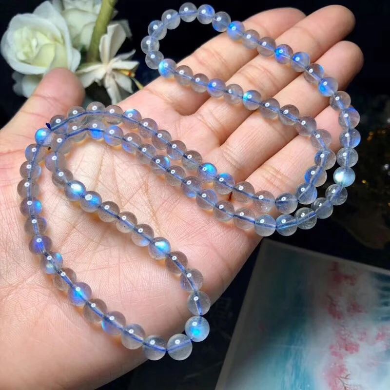 Natural Labradorite Blue Light 3 Laps Bracelet 6mm Women Men Clear Round Beads Necklace Grey Moonstone Stone AAAAA