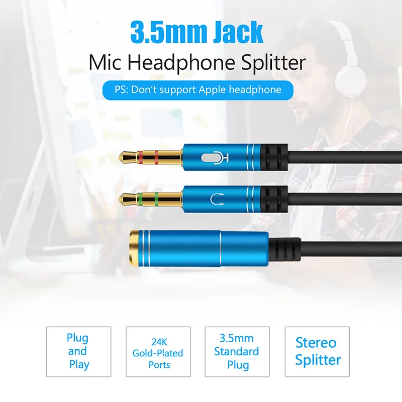 3.5mm Earphone Adapter Converter Cable Headphone+Mic Audio Splitter Aux Extension Cable Adapter Cord for Computer PC Microphone