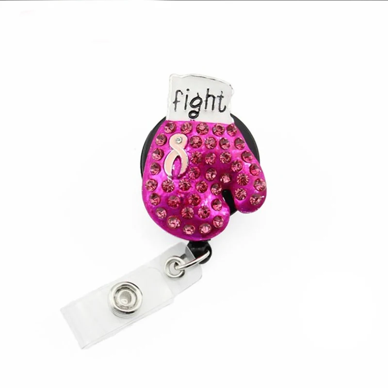 

10pcs/lot Rhinestone Breast Cancer Awareness Pink Ribbon Boxing Glove Badge Reel Retractable ID Badge Holder