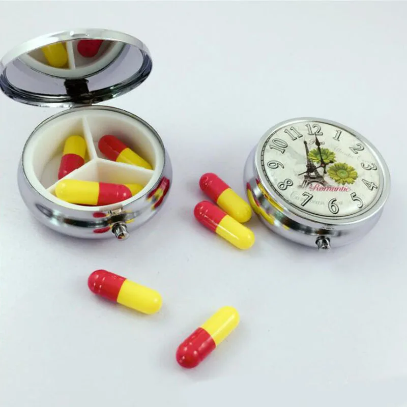 Metal Round Vintage Tower clock Pill Boxes Holder 3 Grids Medicine Case Small Portable Case Container Splitters MR198