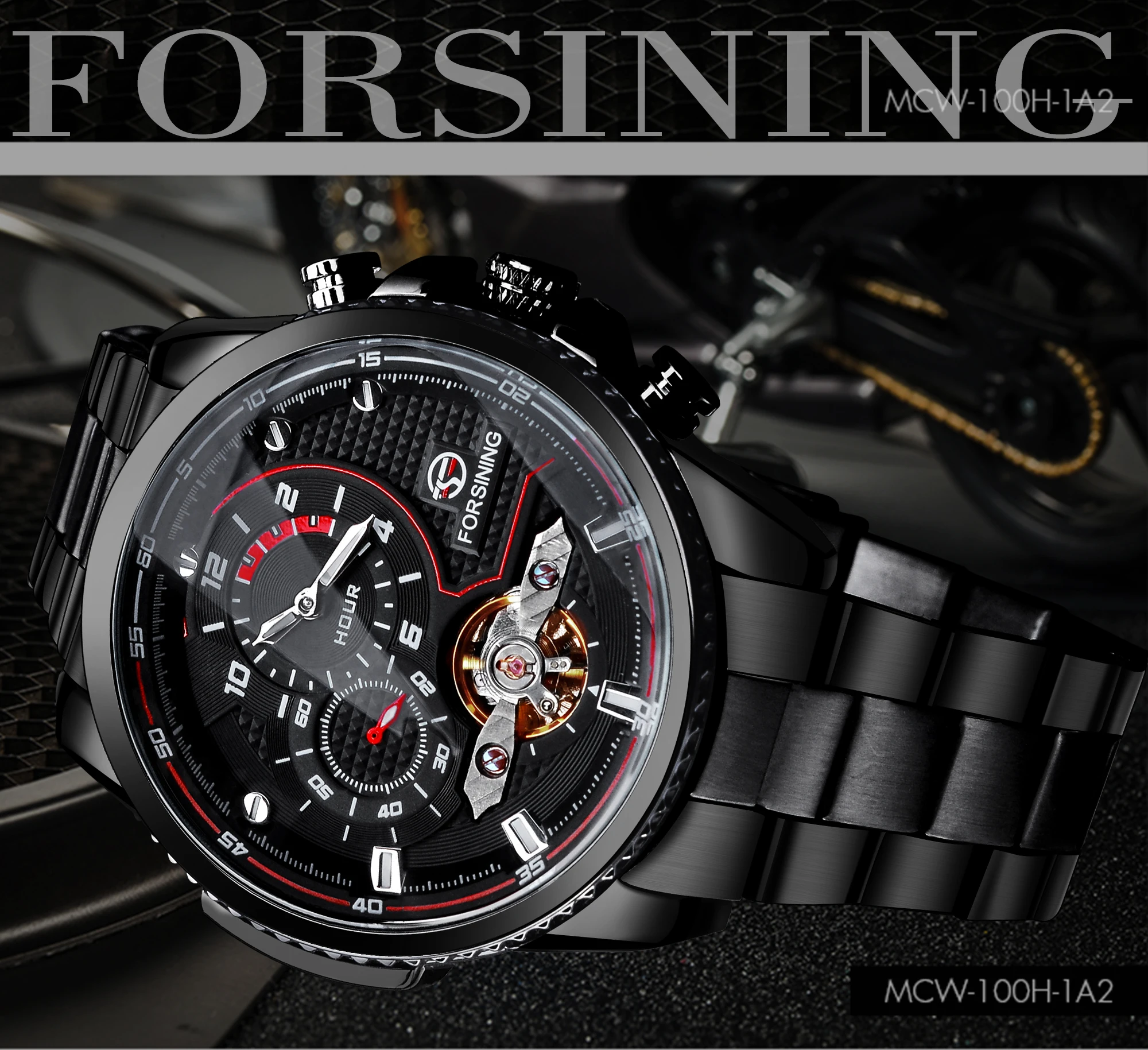 Forsining Black Dial Automatic Mechanical Watch Waterproof Wristwatches Tourbillon Stainless Steel Band Military Watches Reloj