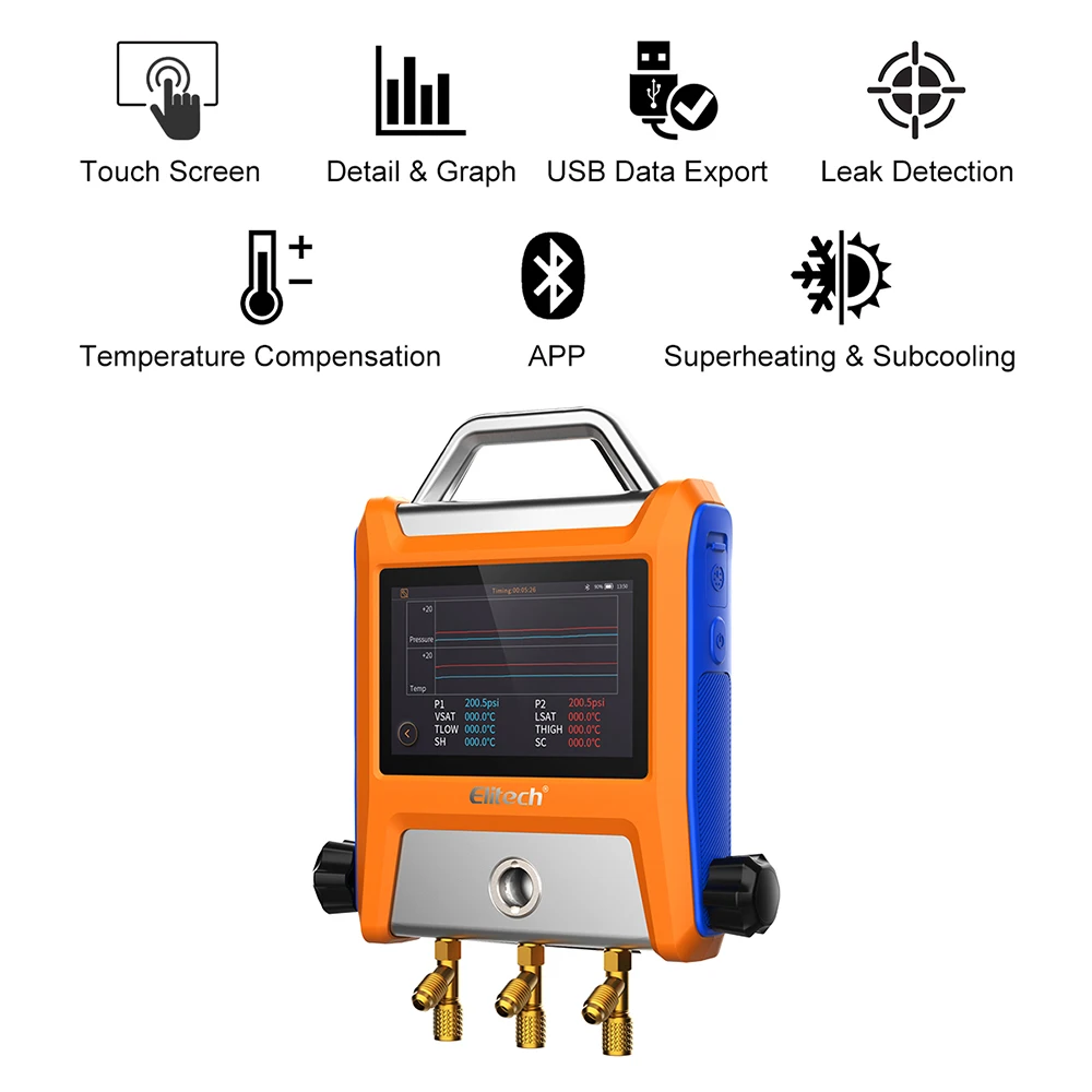 Corredo intelligente del collettore di Digital delle valvole di Elitech EMG-20V 2 con 5 "calibro astuto di HVAC del Touch Screen con Bluetooth