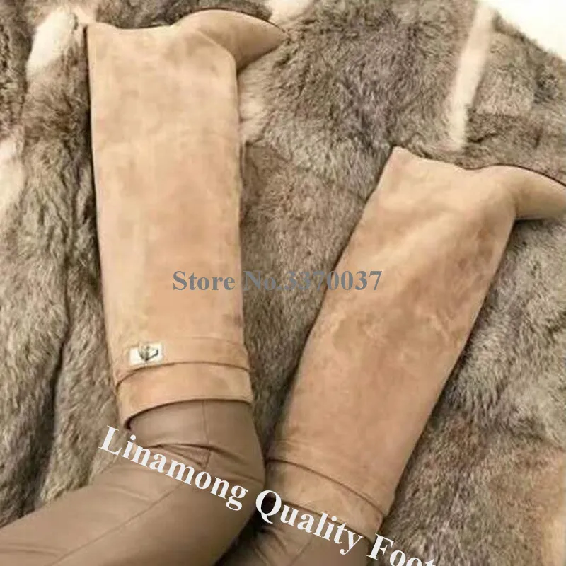 Linamong Brand Design Pointed Toe Suede Leather Knee High Wedge Boots Straps Buckle Inside Heels Boots Height Increased Boots