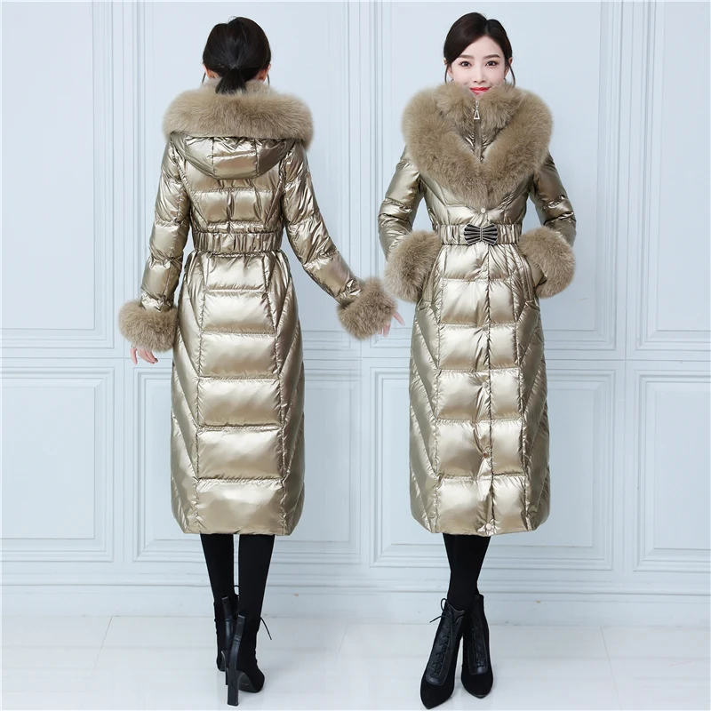 Русский теплый меховой пуховик Fit -30℃ cold Winter Thicker Glossy Duck Down Coats Female Large Real Fox Fur Hooded Parkas wy430