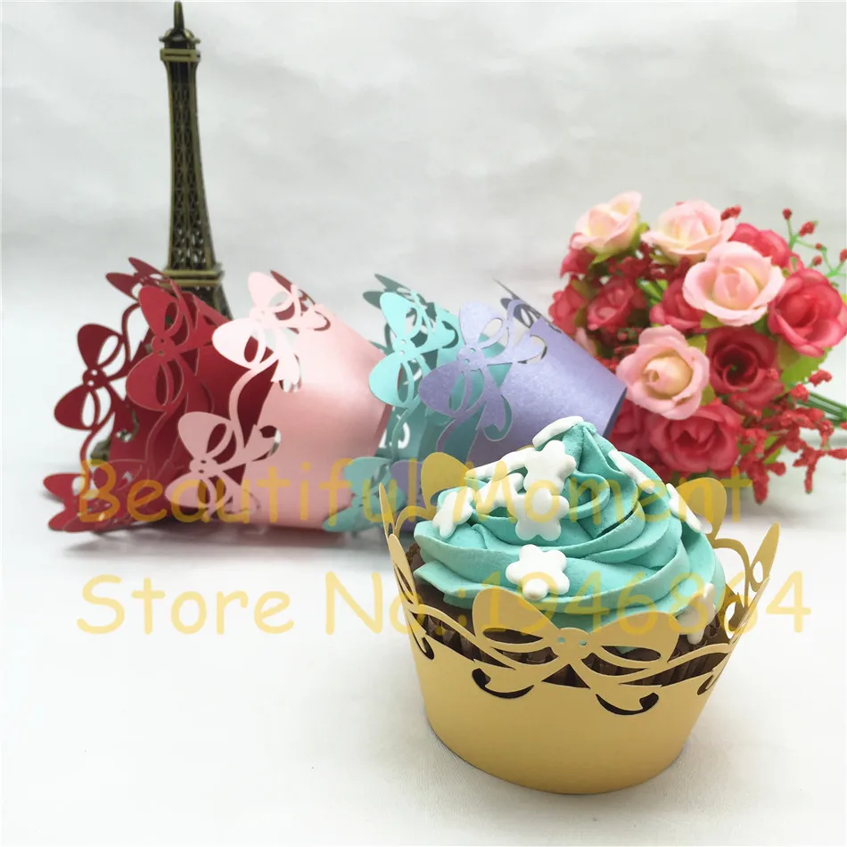 

50pcs/lot Butterfly bow-knot Lace Laser Cut Cupcake Wrapper Liner Baking Cup Hollow Paper Cake Cup DIY Baking Fondant Cupcake