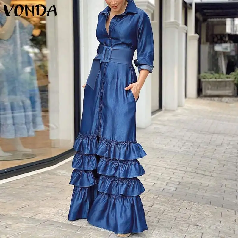 Vonda Herfst Elegante Shirt Jurk 2023 Vrouwen Party Maxi Jurken Dames Lange Mouwen Solid Revers Knop Belted Elegante Lange Vestido