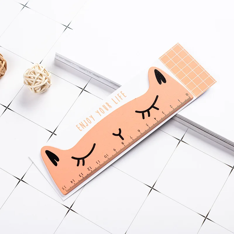 12 Pcs Cartoon Creative Cat Wooden Stationery Ruler Student Cute Color Drawing Hand Ruler 15cm