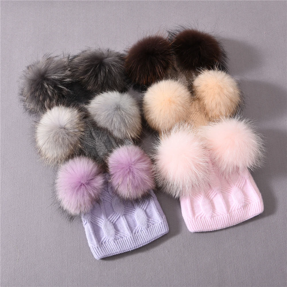 Winter Baby Cute Beanie Hats Thick Warm Double Layer Fluffy Fur Pom Pom High Quality Cashmere Knitted Beanies Hats Kids Children