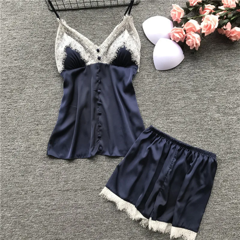 New ice silk pajamas women with chest pad sexy silk sling shorts pajamas two-piece comfortable breathable home clothes