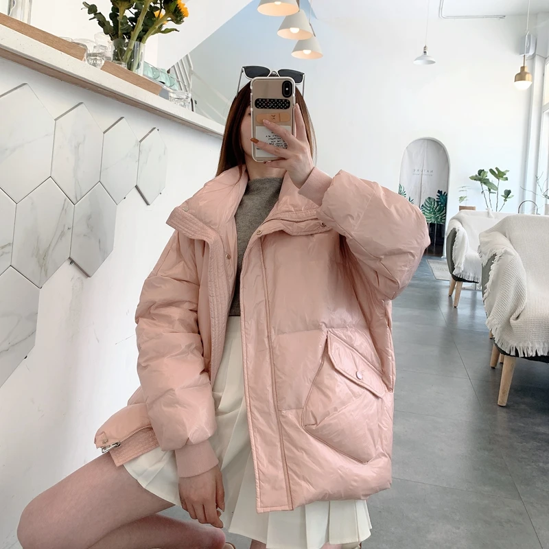 Abrigo de pan con cuello levantado para mujer, chaqueta de plumón de pato blanco cálido y grueso, parka informal holgado de talla grande, prendas de vestir, otoño e invierno, 2021