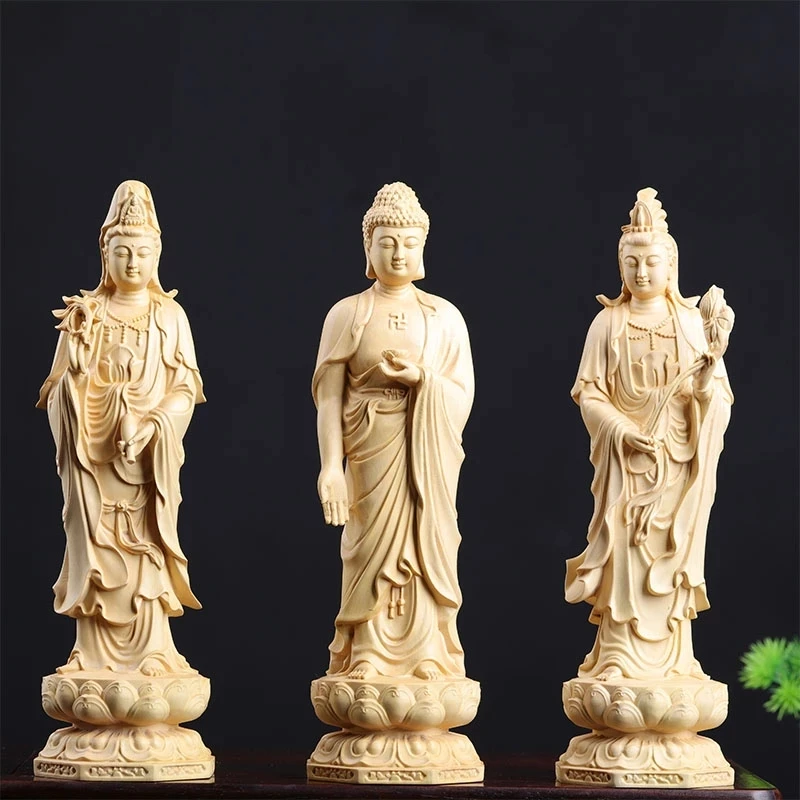 

Boxwood 20/30cm West Three Buddha Sculpture Wood Sakyamuni Guanyin Statue Worship Home Decor