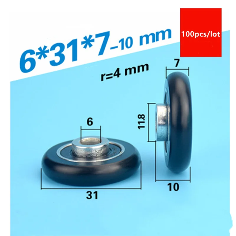 100pcs circular arc plastic coated bearing 6*31*7-10mm guide wheel black POM nylon pulley windows small wheel 6x31x7-10