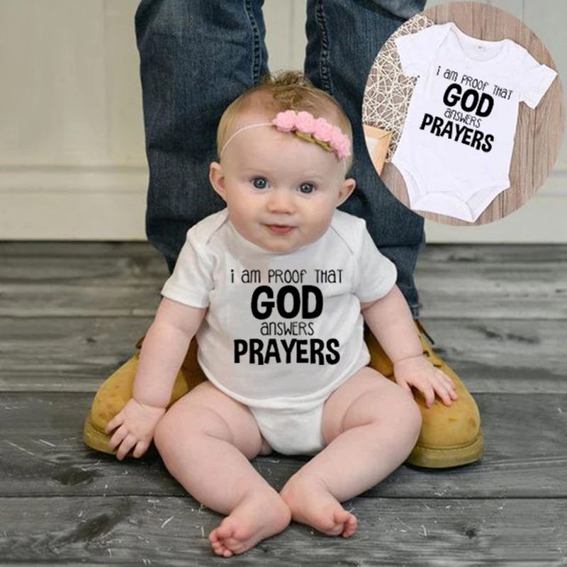 

I Am Proof That God Answers Prayers Print Newborn BabyRomper Infant Boy Girl Short Sleeve Letters Cute Jumpsuit Outfit