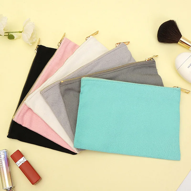 100Pcs/Lot Large Plain Cotton Canvas Travel Toiletry Bags Pencil Case Pouch Makeup Pouch Cosmetic Bag With Gold Zipper 22x15cm