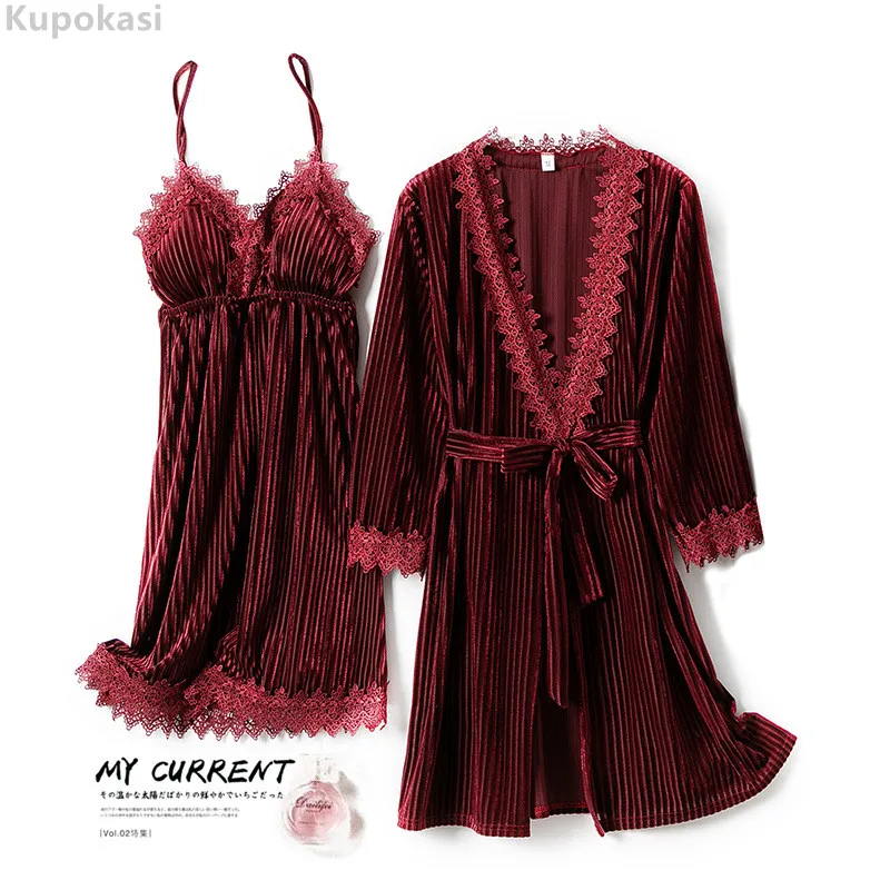 

Kupokasi Women Robe Nightdress 2 Pieces Pajamas Set Velvet Autumn Spring Sexy Sling Lace Stripe Sleepwear Female Pyjamas Suit