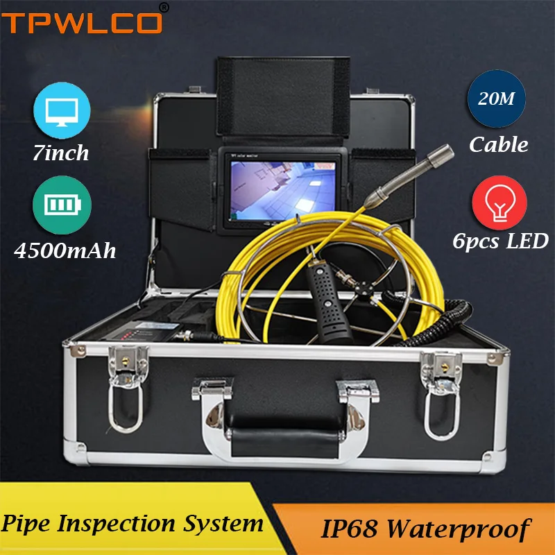 7inch 20m Cable  Endoscope Pipe Inspection System IP68 Waterproof 17mm Industrial Pipeline Sewer Video Camera With 6pcs LEDS