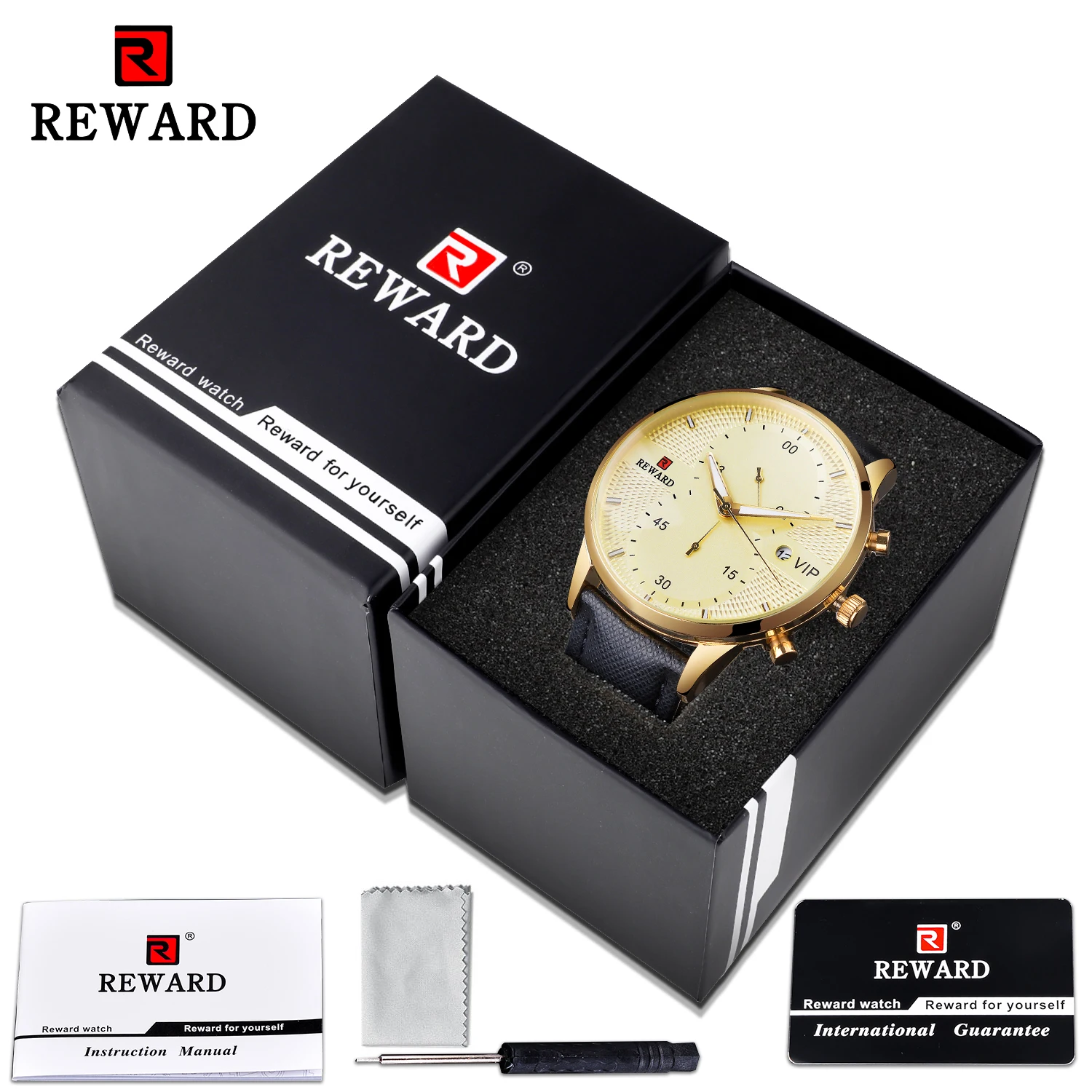 Men Luxury Watch Black Gold Waterproof Quart Watch Male REWARD VIP Chronos Wristwatch Clock Genuine Leather Strap with Gift Box