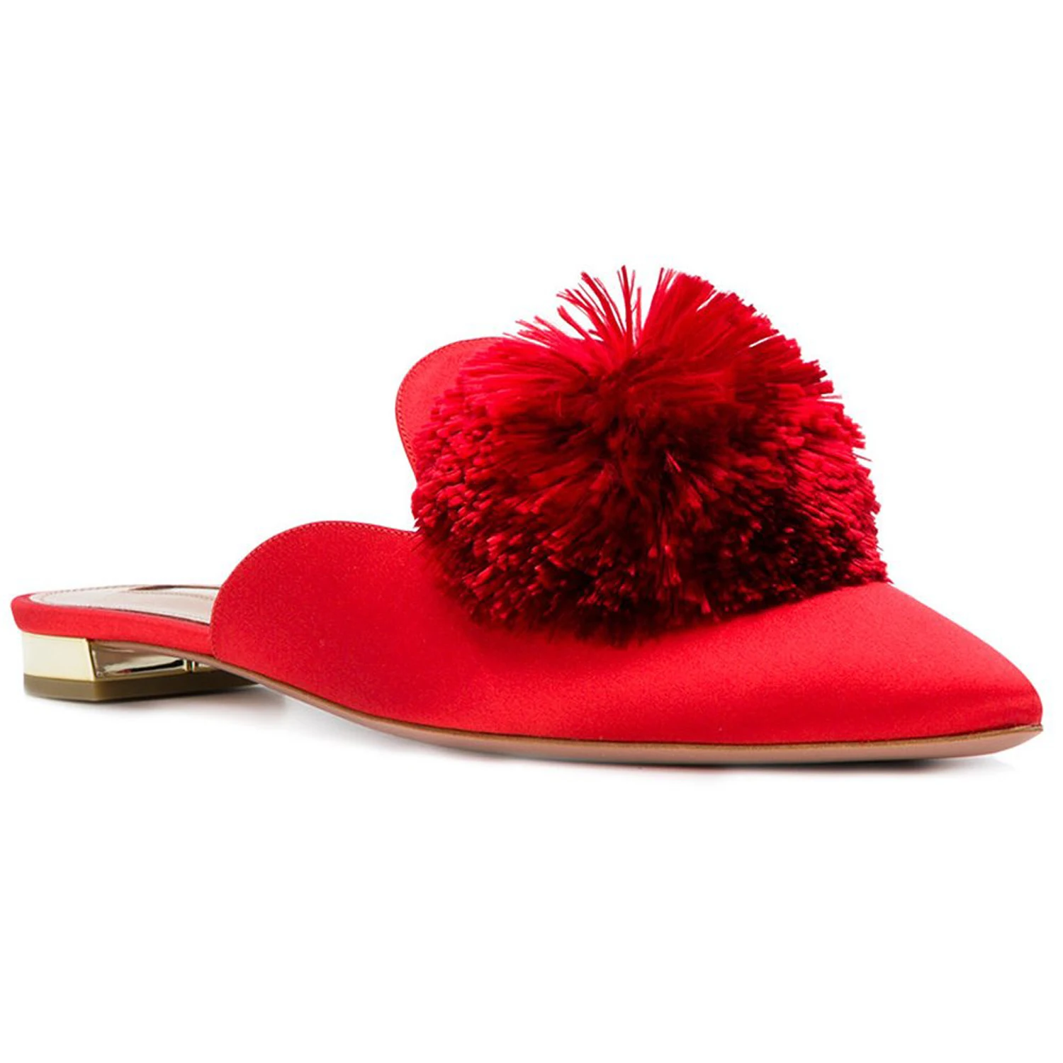 Lovirs Mules for Women Cute Pompom-Embellished Slip On Loafers Backless Pointed Toe Satin Mule Slides Shoes