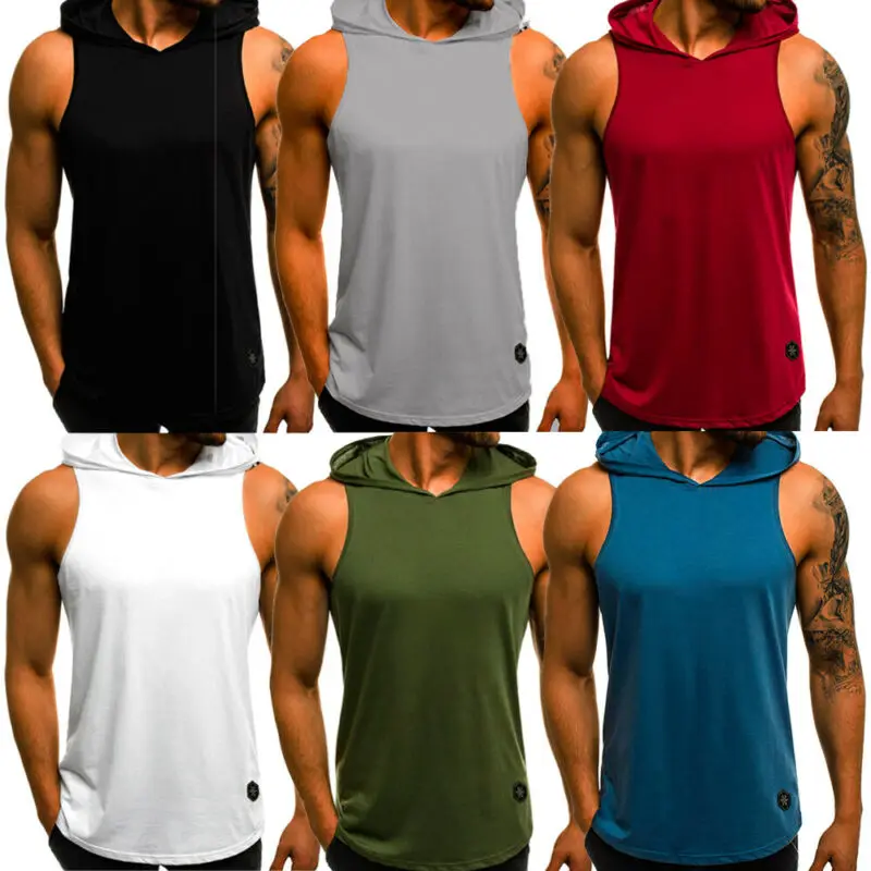 New Men\'s Summer Cool Hooded Sweatshirt Sleeveless Muscle Bodybuilding Hoodie