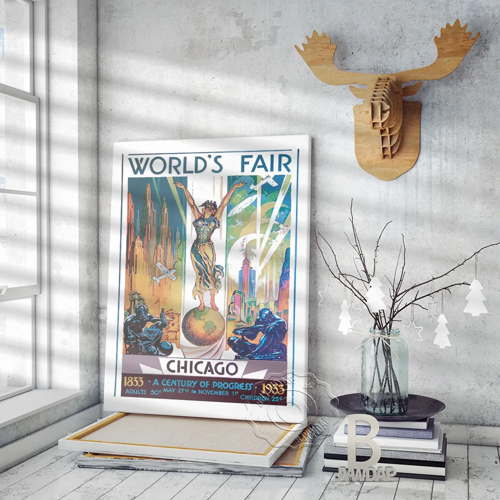 Chicago World'S Fair Vintage Exhibition Poster, 1833 A Century Of Progress 1933 Canvas Paintings, Nostalgic Home Wall Decor Gift